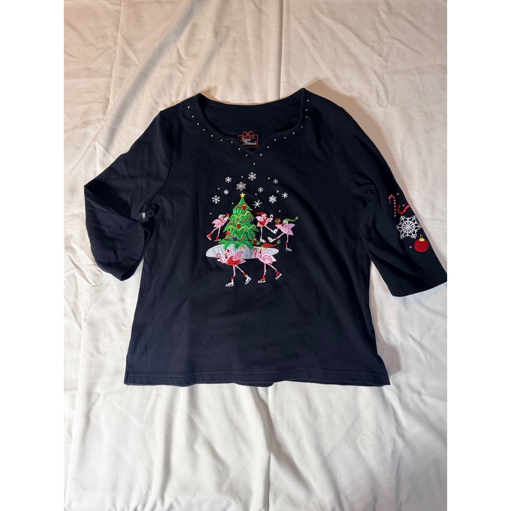 Allyson Whitmore Christmas Flamingo Ice Skating Top Black Petite Large